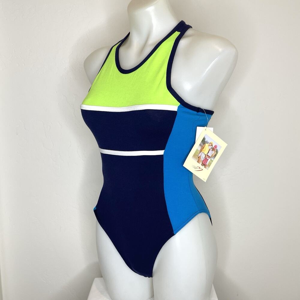 Vintage Marika 80’s Workout Leotard Green Blue Zip Up Racerback Womens Small